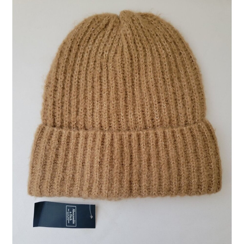 NWT Abercrombie & Fitch Tan Ribbed Knit Beanie Hat Acrylic Blend Unisex